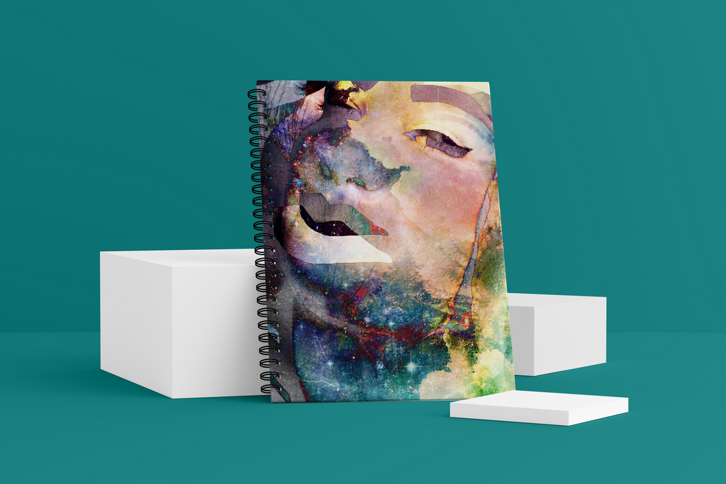 Stargazer Wellness Journal. The cover shows a woman's face imposed on outer-space. 