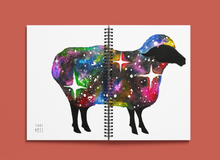 Load image into Gallery viewer, Cosmic Sheep Wellness Journal. Front and back of cover showing the front and back of a sheep with wool made of stars and cosmic colours.
